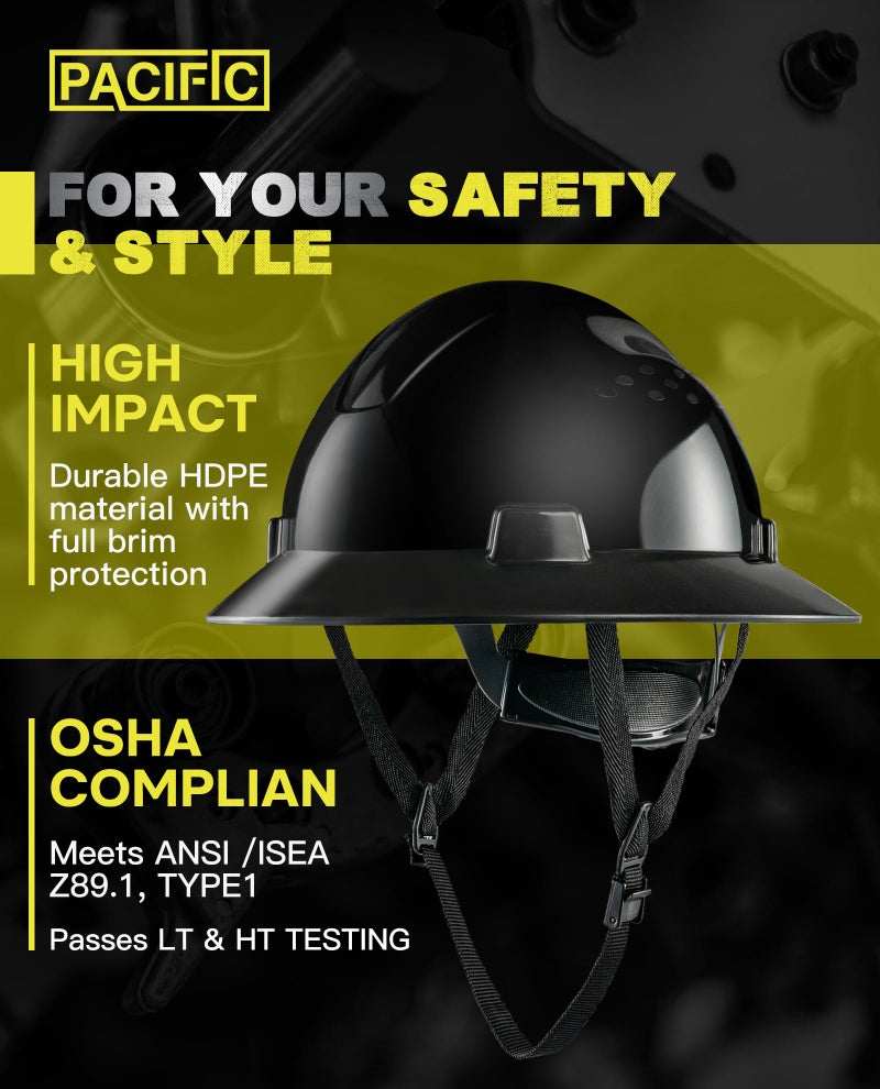 PACIFIC PPE Full Brim Hard Hat  OSHA Construction Work Approved  HDPE Safety Helmet with 4 Point Adjustable Ratchet Suspension  Class E  G & C  Black - Image 2